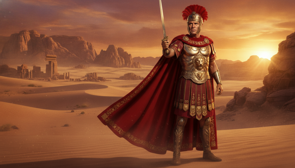 A regal determined Charlton Heston in a historical epic costume possibly as Ben-Hur or Moses looking towards the horizon