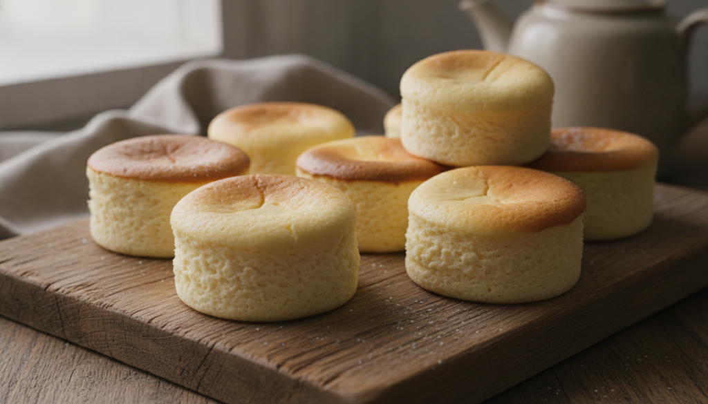 Mini Japanese cotton cheesecakes in individual ramekins or muffin cups with a light golden top and a fluffy texture Arra