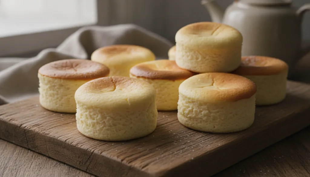 Mini Japanese cotton cheesecakes in individual ramekins or muffin cups with a light golden top and a fluffy texture Arra