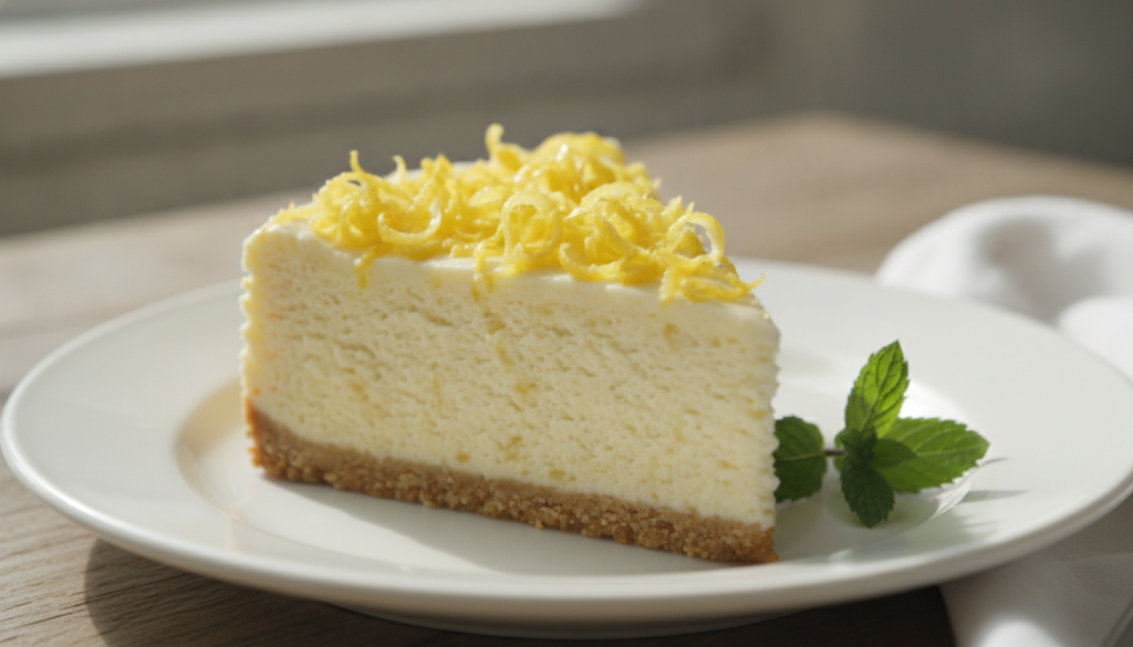 A slice of lemon ricotta cheesecake on a white plate garnished with fresh lemon zest and a sprig of mint The texture app