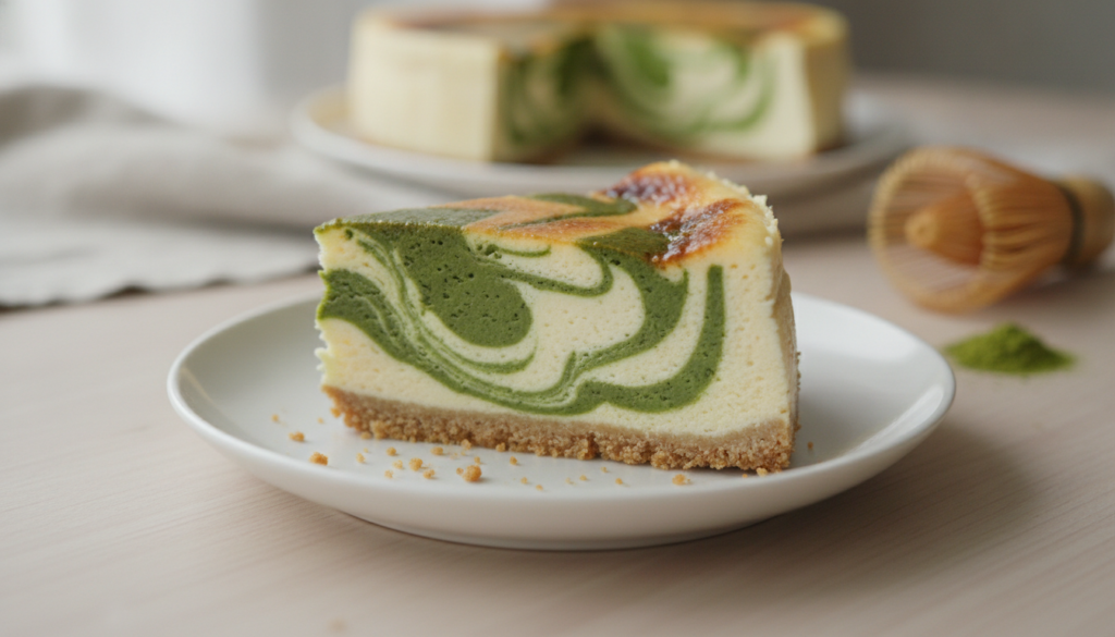 A slice of matcha swirl cheesecake with vibrant green swirls contrasted against a creamy white cheesecake base It s on a