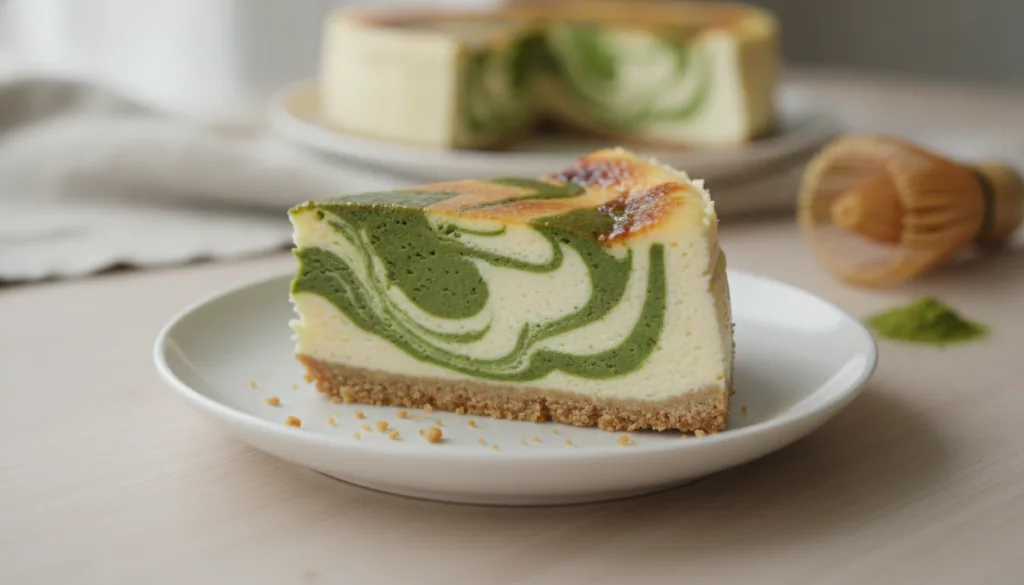 A slice of matcha swirl cheesecake with vibrant green swirls contrasted against a creamy white cheesecake base It s on a