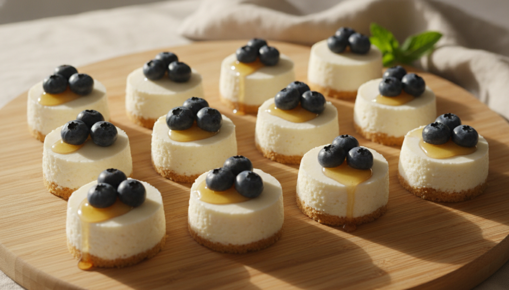 Small individual cheesecake bites made with Greek yogurt possibly topped with berries They look light and healthy on a w
