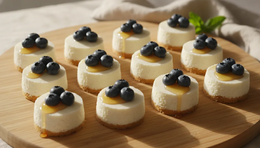 Small individual cheesecake bites made with Greek yogurt possibly topped with berries They look light and healthy on a w