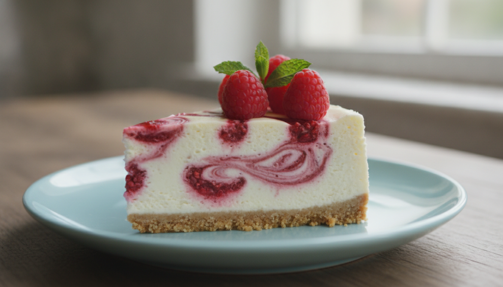 A slice of no-bake raspberry swirl cheesecake on a plate showing vibrant red raspberry swirls against the creamy white c