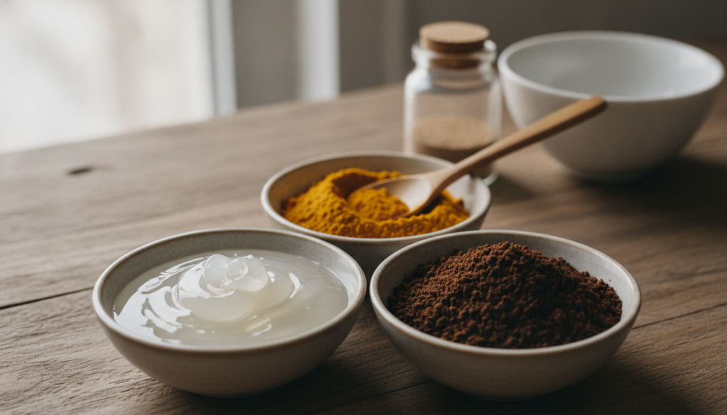 A close-up shot of small bowls containing Vaseline turmeric powder and coffee grounds with a mixing spoon and a small ja