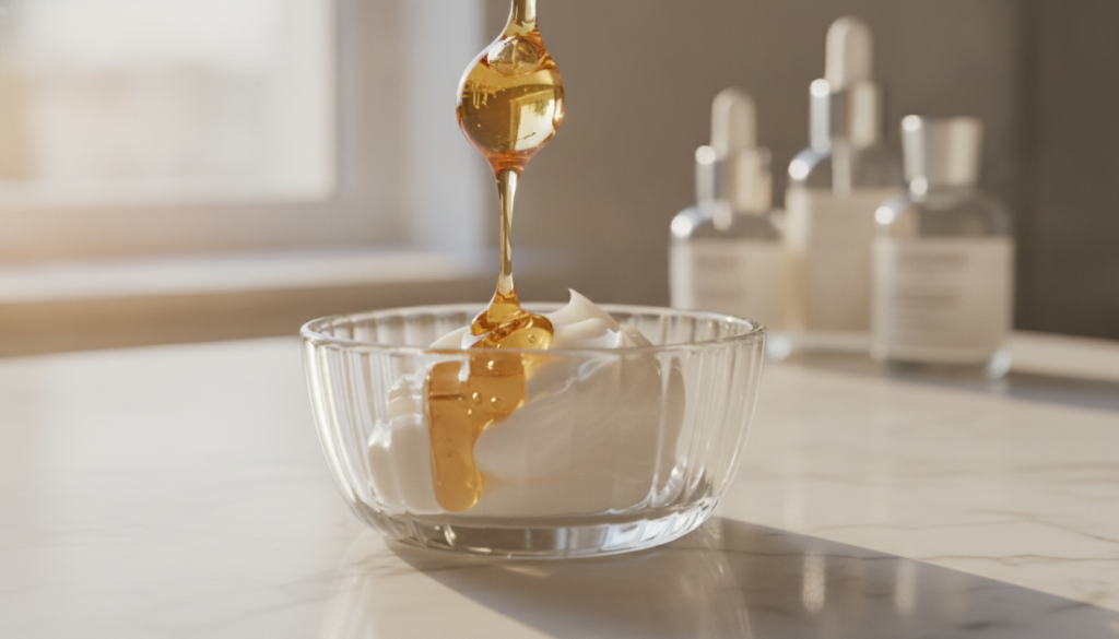 A small clear bowl with a dollop of Vaseline and a Vitamin E capsule perhaps with the capsule being squeezed into the Va