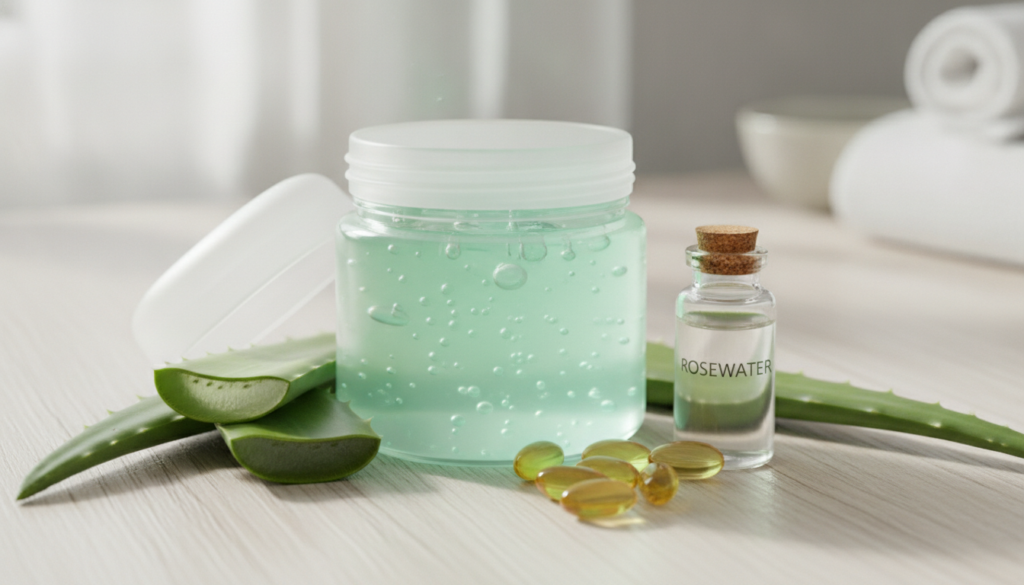 A clear glass jar filled with a translucent light green or clear night gel surrounded by fresh aloe vera leaves a small 
