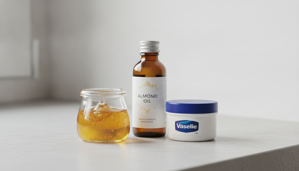 A close-up of a small glass jar containing a mixture of almond oil and Vaseline alongside bottles of the individual ingr