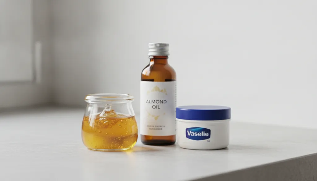 A close-up of a small glass jar containing a mixture of almond oil and Vaseline alongside bottles of the individual ingr