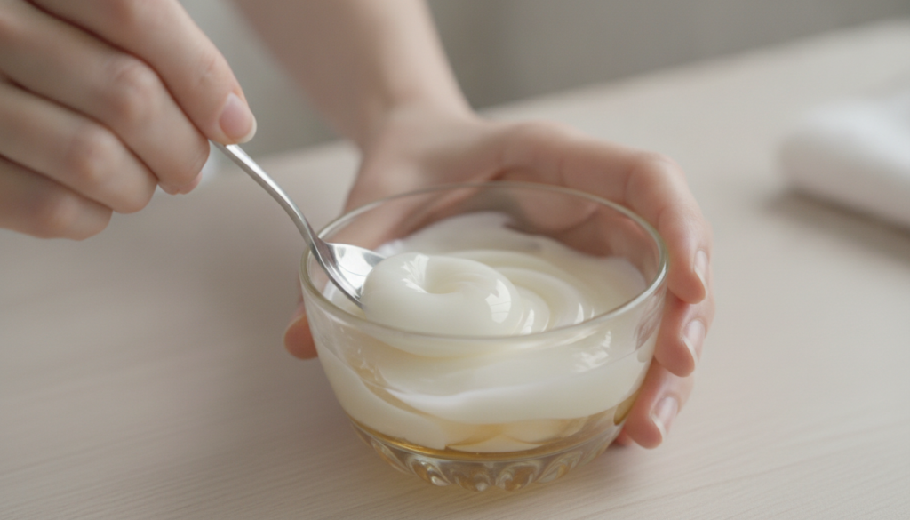 A person mixing Johnson s Baby Oil and Vaseline in a small clean container with a spoon highlighting the texture of the 