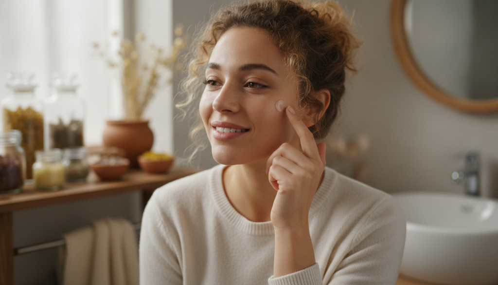A woman gently applying a small amount of Vaseline to her face as part of a skincare routine with other natural ingredie