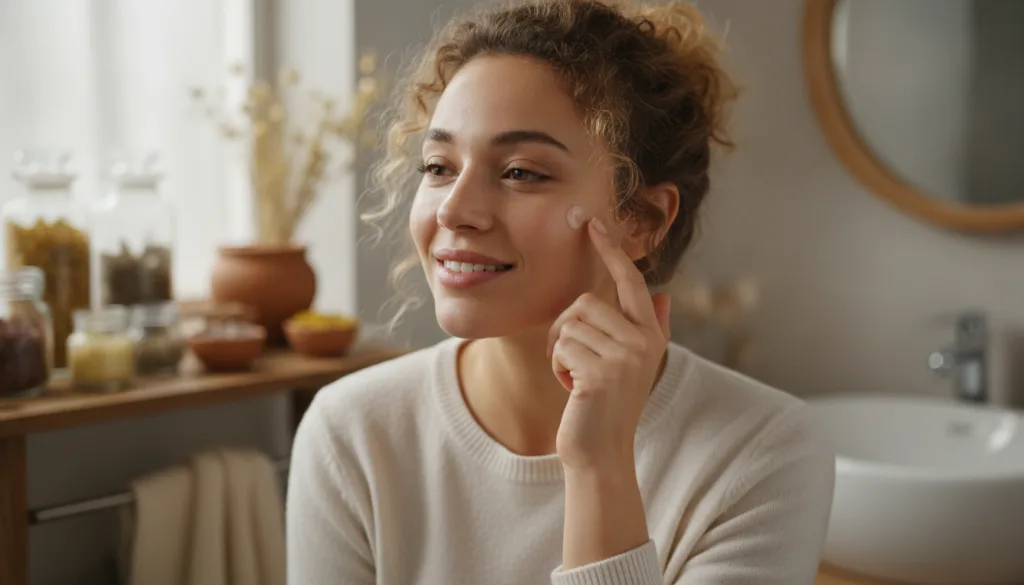 A woman gently applying a small amount of Vaseline to her face as part of a skincare routine with other natural ingredie