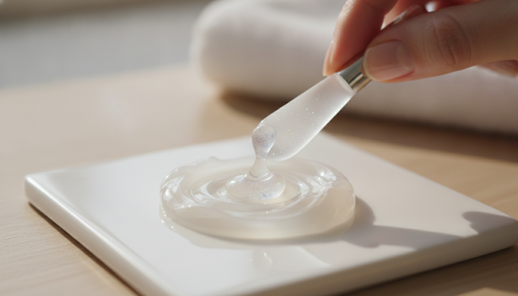 Close-up of a hand mixing Vaseline with a drop of clear liquid like serum or aloe vera in a small bowl or on the back of