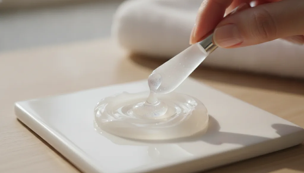 Close-up of a hand mixing Vaseline with a drop of clear liquid like serum or aloe vera in a small bowl or on the back of