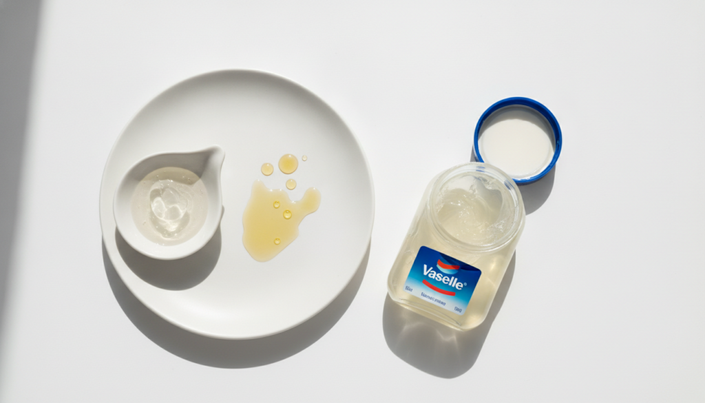 An open jar of Vaseline Original Healing Jelly on a clean light surface surrounded by small bowls of natural ingredients