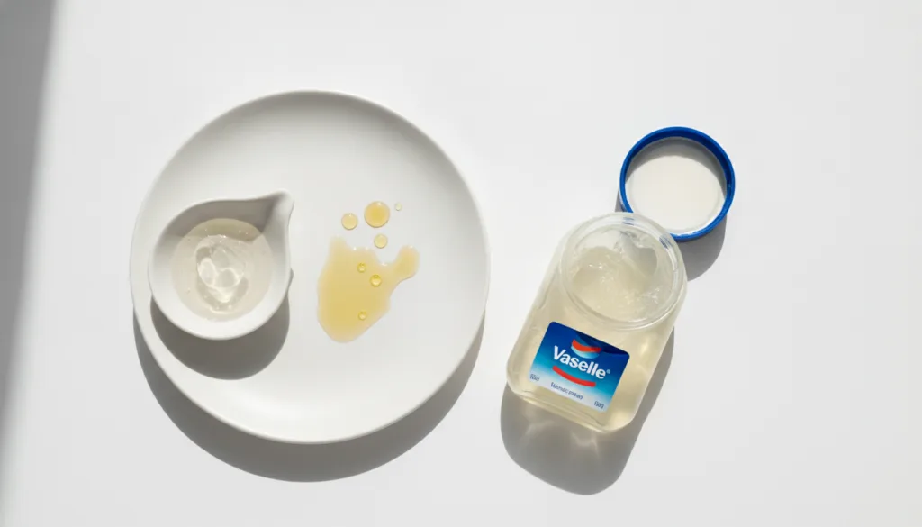 An open jar of Vaseline Original Healing Jelly on a clean light surface surrounded by small bowls of natural ingredients