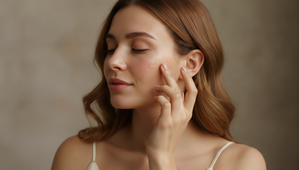A woman gently applying a mixture of Vaseline and facial oil to her cheek demonstrating the radiant skin boost hack with