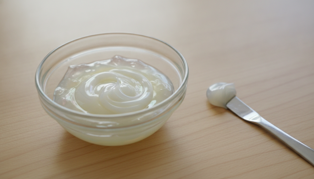 A small clear glass bowl containing a mix of Vaseline and aloe vera gel with a mini spatula or spoon beside it on a natu