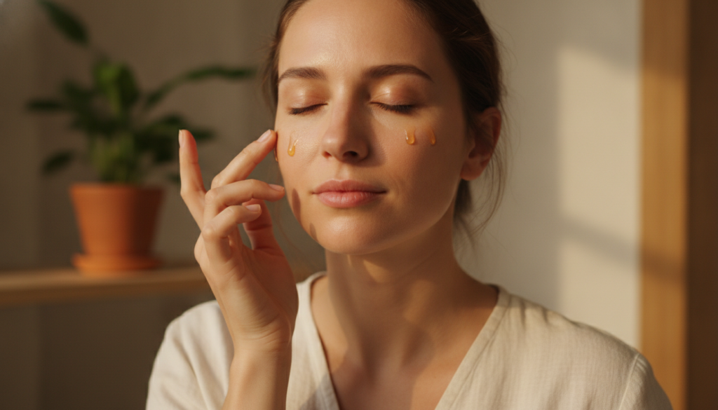 A woman gently massaging two drops of botanical oil onto her face with a soft warm glow on her skin Evening light