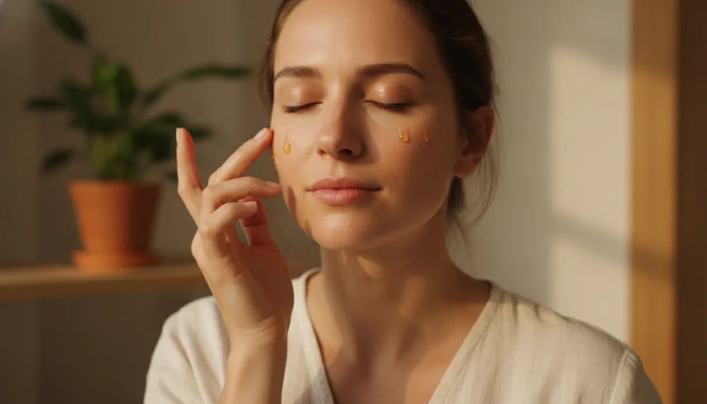 A woman gently massaging two drops of botanical oil onto her face with a soft warm glow on her skin Evening light