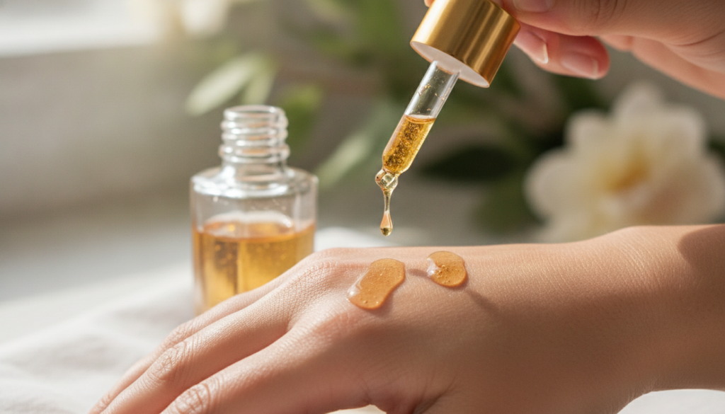 A luxurious glass dropper bottle of botanical oil with a few drops being applied to healthy glowing skin on a hand or fa