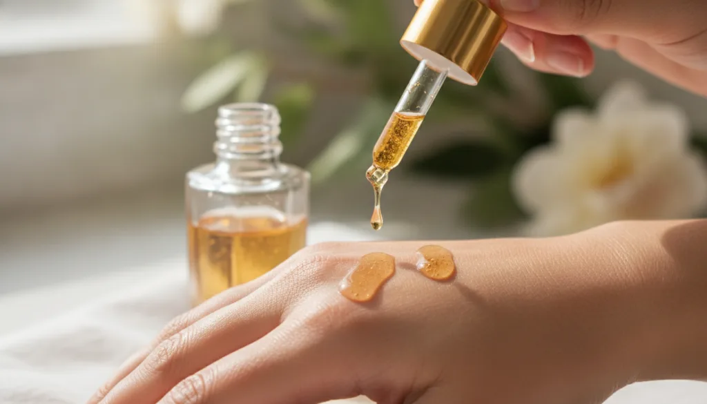 A luxurious glass dropper bottle of botanical oil with a few drops being applied to healthy glowing skin on a hand or fa