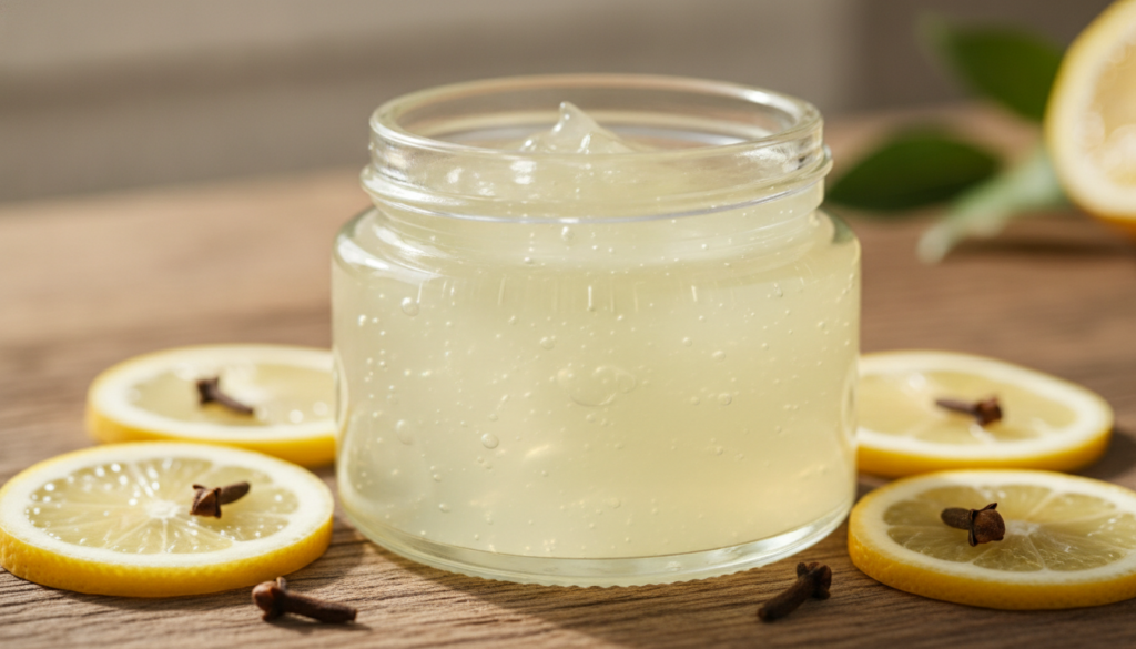 A close-up of a small clear glass jar filled with a translucent light yellow collagen gel with a few fresh lemon slices 