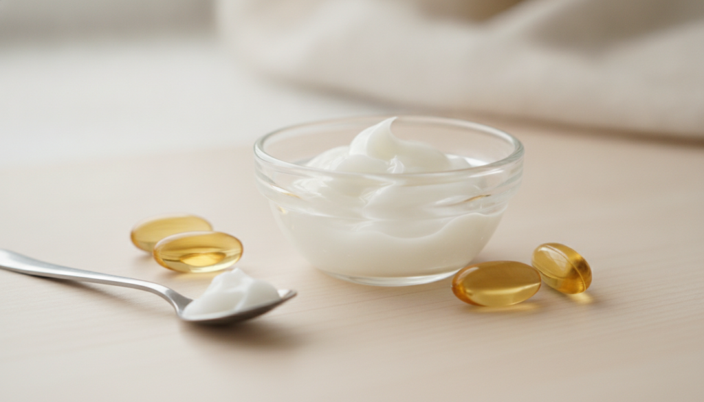 Ingredients for DIY night repair gel a small bowl with Vaseline Vitamin E capsules and a mixing spoon
