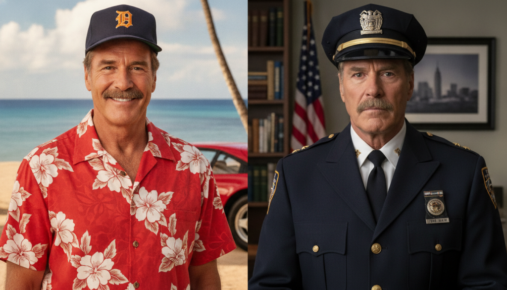 A split image showing Tom Selleck as Thomas Magnum from Magnum P I looking cool with his mustache and Hawaiian shirt and