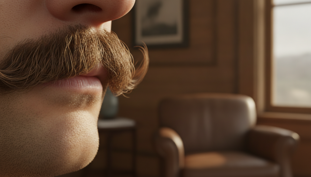 A quiz image showing a close-up of a prominent well-groomed brown mustache with four multiple-choice options for names B