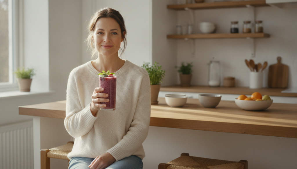A woman smiling gently while holding a glass of the reddish-purple chia seed drink sitting in a bright naturally lit kit