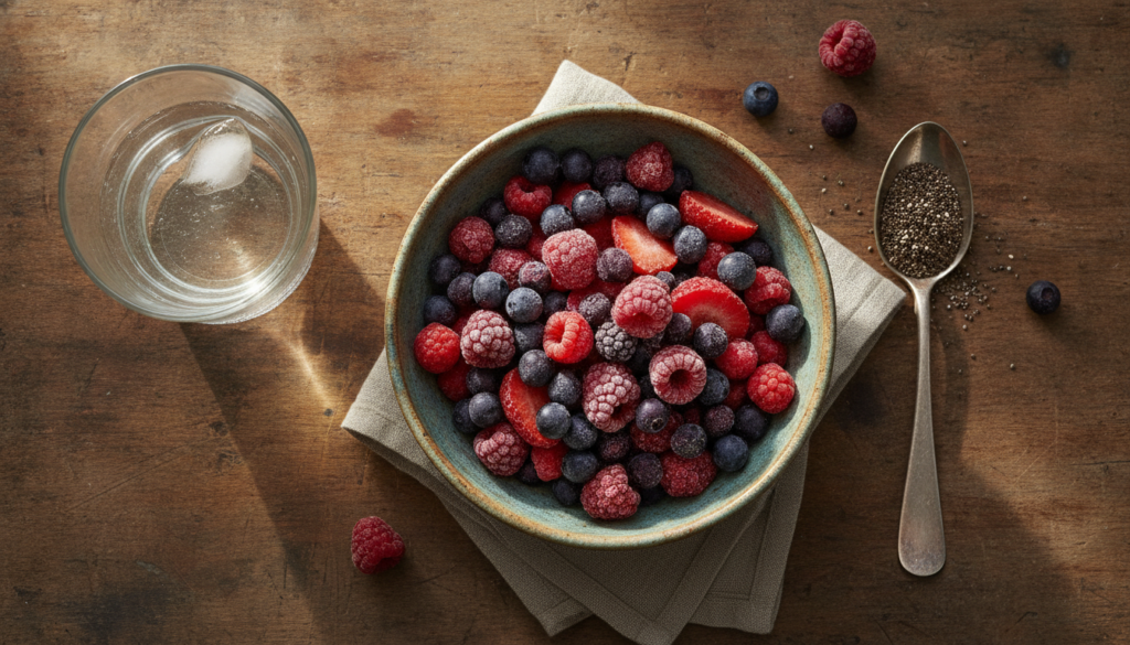 A flat lay showing a small bowl of frozen mixed berries a spoon with chia seeds and a glass of water on a rustic kitchen