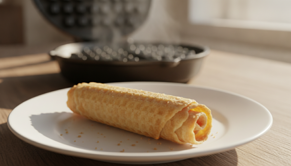A close-up shot of a golden-brown homemade wafer biscuit freshly cooked and resting on a white plate with a wafer iron s