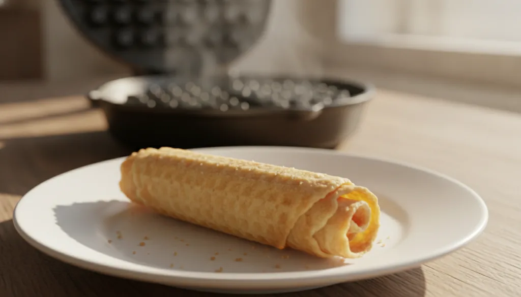 A close-up shot of a golden-brown homemade wafer biscuit freshly cooked and resting on a white plate with a wafer iron s