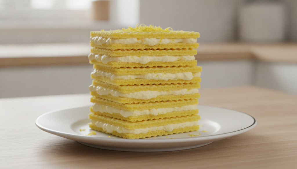 Bright yellow lemon wafer biscuits stacked with a light lemon cream filling garnished with fresh lemon zest A vibrant an