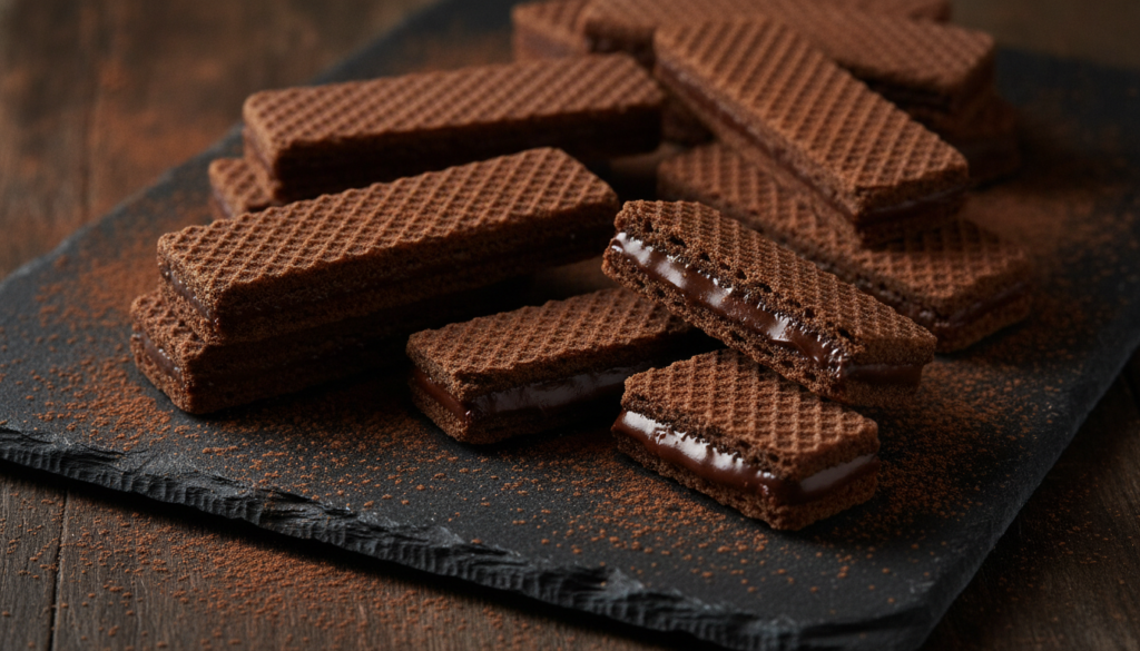 Dark chocolate wafer biscuits some plain and some filled with chocolate ganache artfully arranged on a dark slate board