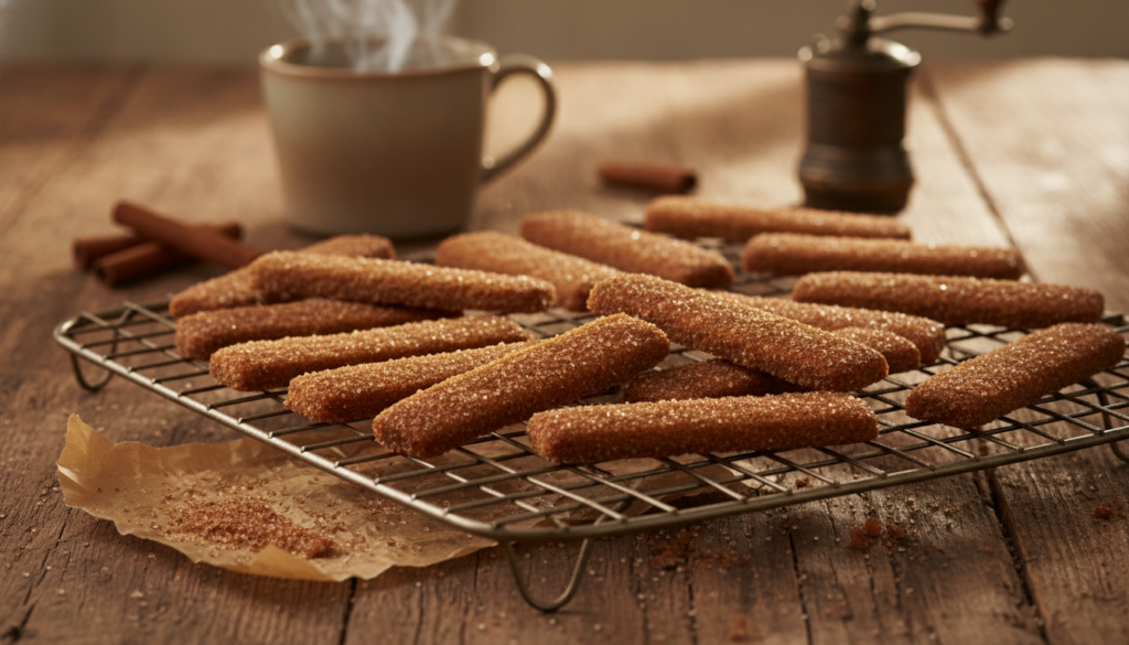 Warmly spiced cinnamon wafer biscuits slightly darker in color arranged on a cooling rack with a sprinkle of cinnamon su