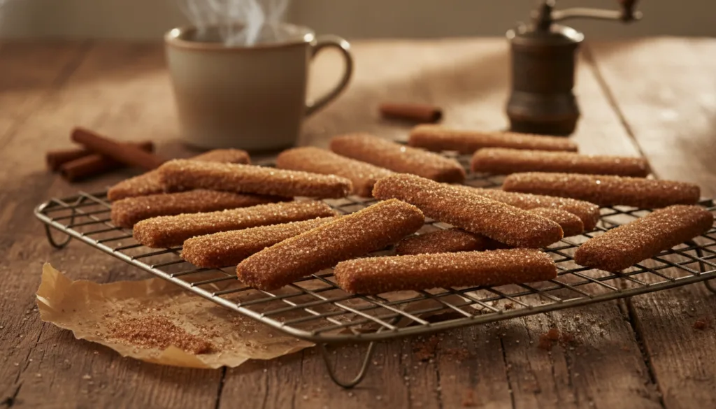 Warmly spiced cinnamon wafer biscuits slightly darker in color arranged on a cooling rack with a sprinkle of cinnamon su