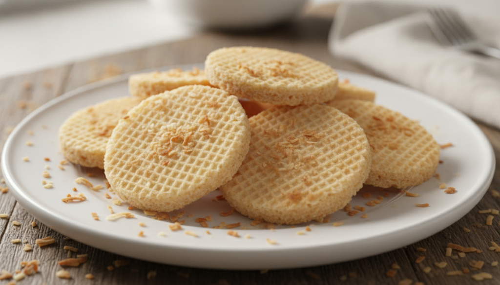 Lightly golden coconut wafer biscuits with visible shredded coconut flakes arranged on a white ceramic plate with a spri
