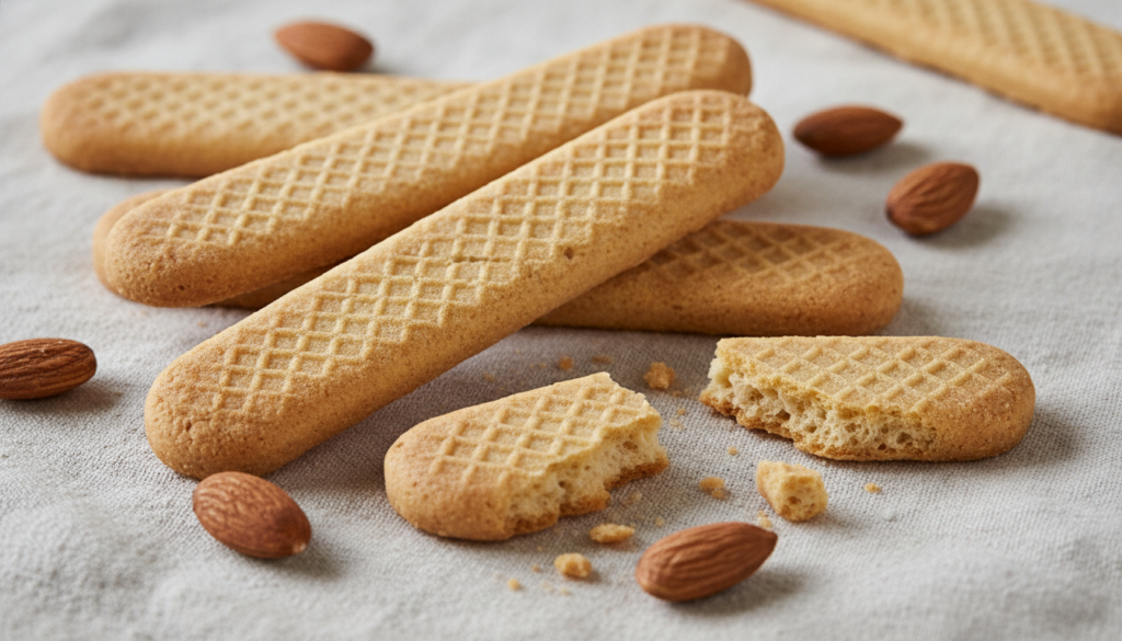 Crispy pale golden gluten-free almond wafer biscuits some whole and some broken to show texture arranged on a light line