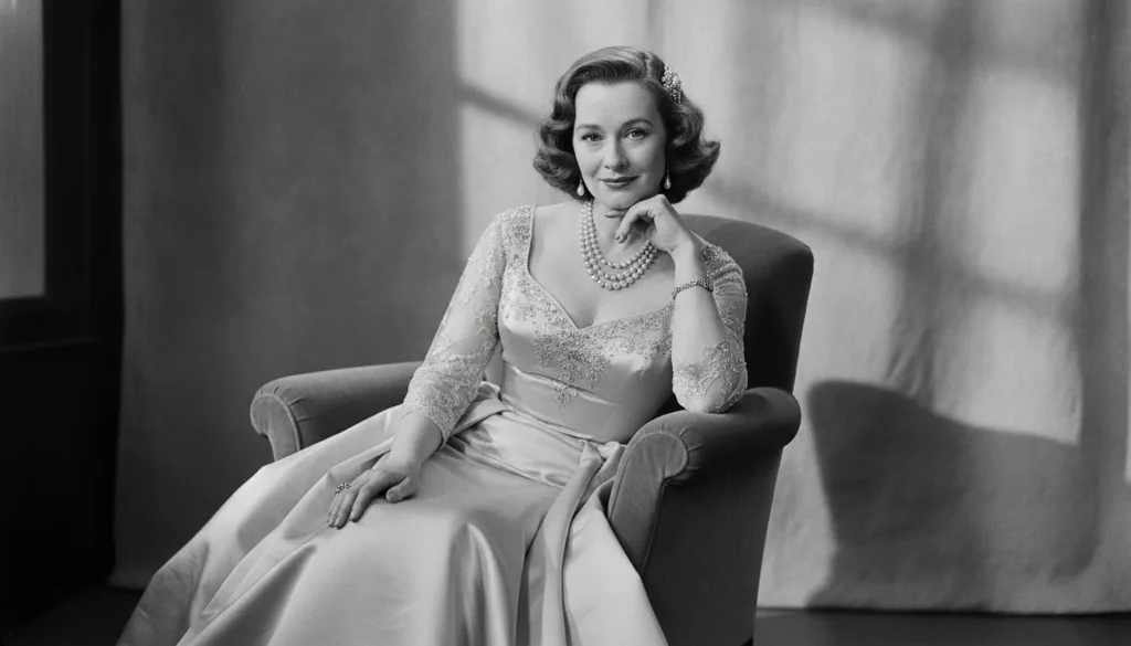 A classic elegant publicity photo of Dame Maggie Smith from an earlier stage of her career showing her dignified presenc