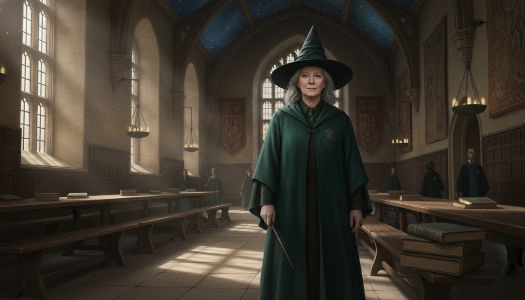 A real film still of Dame Maggie Smith as Professor Minerva McGonagall from the Harry Potter films wearing her witch s h