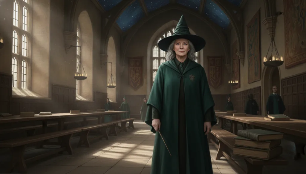A real film still of Dame Maggie Smith as Professor Minerva McGonagall from the Harry Potter films wearing her witch s h