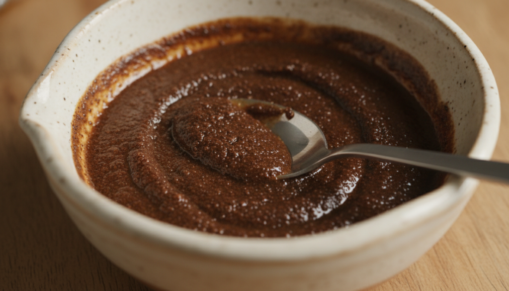 A close-up of the mixed coffee and baby oil mask in a small bowl showing its texture