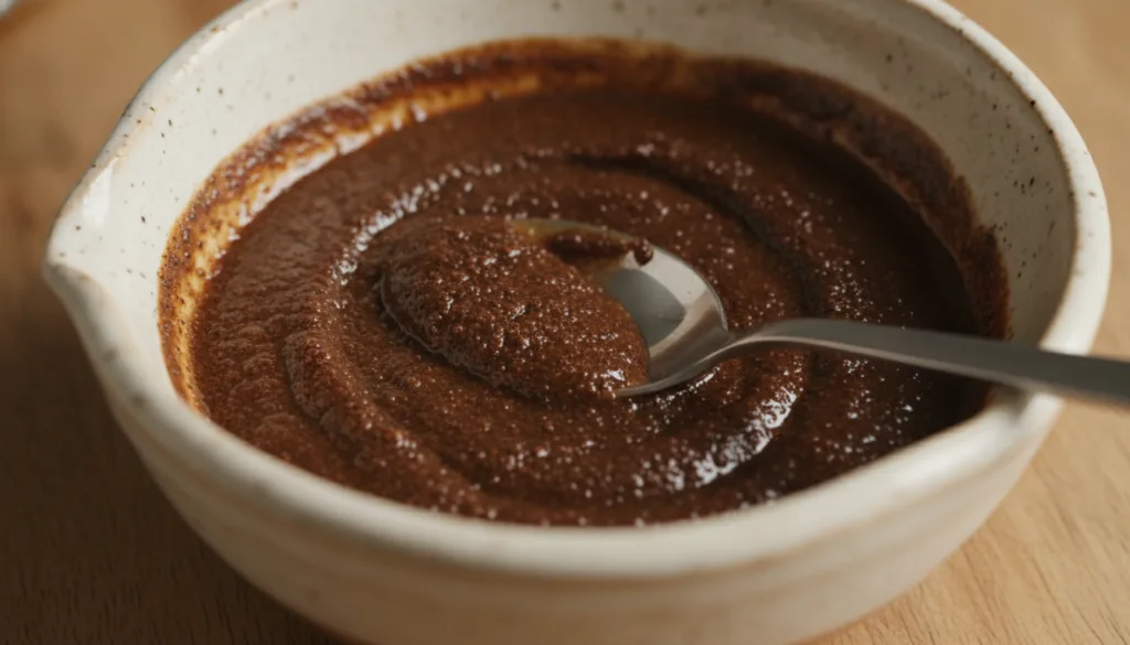 A close-up of the mixed coffee and baby oil mask in a small bowl showing its texture