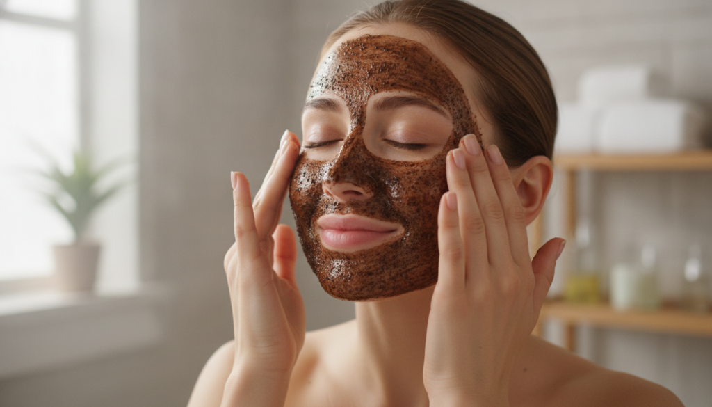 A woman applying a coffee and baby oil mask to her face with gentle motions