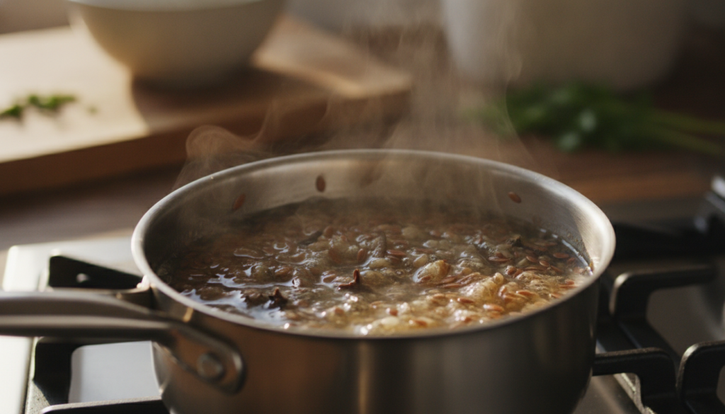 A close-up of flaxseeds and whole cloves simmering in water in a small saucepan showing the mixture beginning to thicken