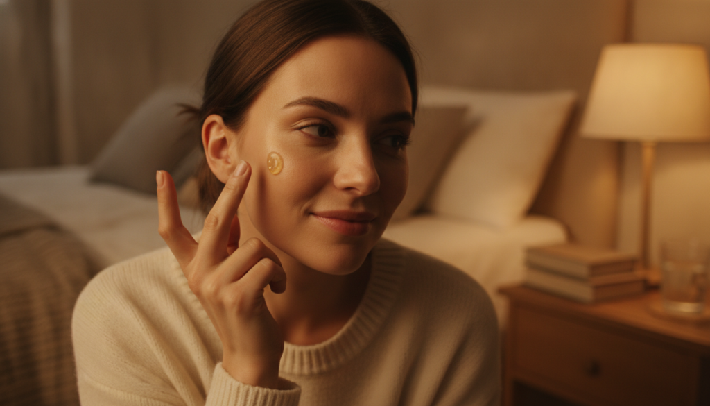 A woman with clear skin gently applying a small amount of the amber-colored beauty gel to her face before bed Her expres
