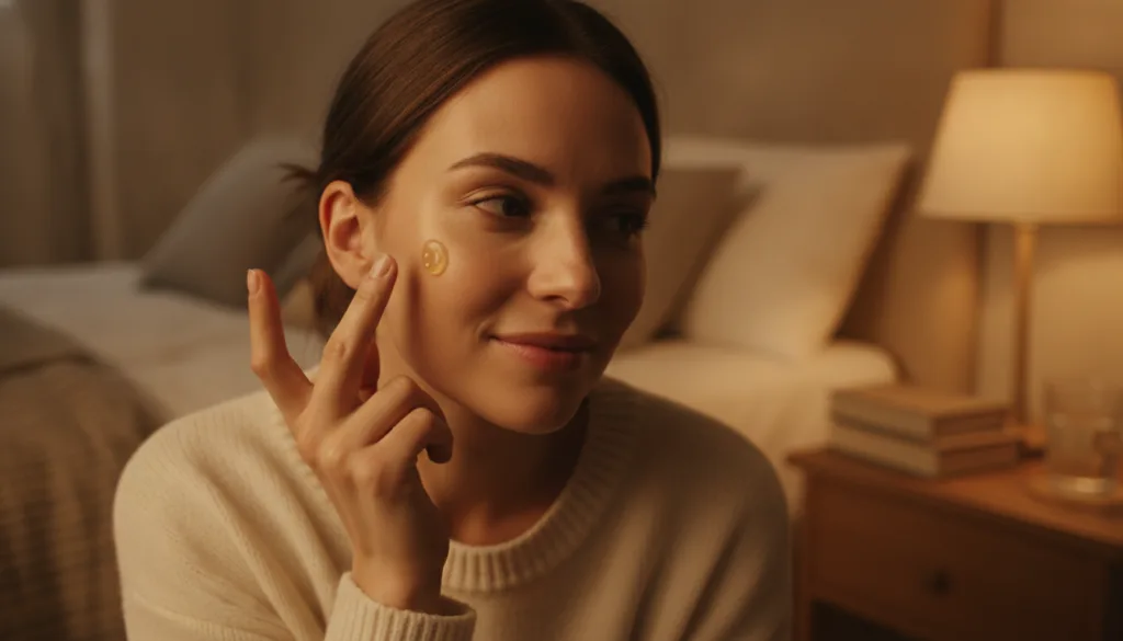 A woman with clear skin gently applying a small amount of the amber-colored beauty gel to her face before bed Her expres